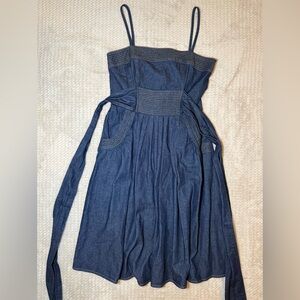 Strapless Dark Blue Denim Midi Dress with Tie Waist